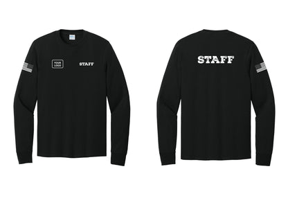 NYC Factory Custom Logo Staff Cotton Long Sleeve T-Shirt (Rustic) - STAFF + Your Logo + Back + US Flag Sleeve - Black