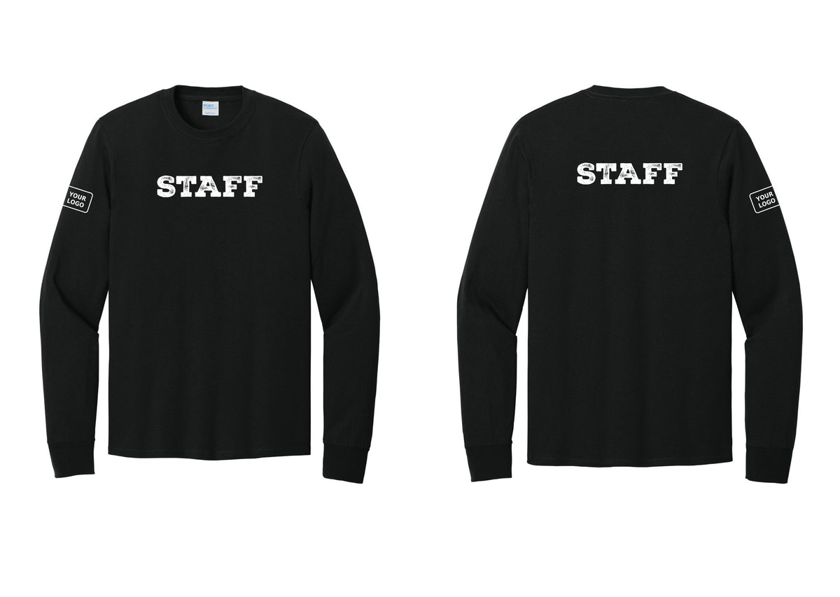NYC Factory Custom Logo Staff Cotton Long Sleeve T-Shirt (Rustic) - Front + Back + Your Logo Sleeve - Black