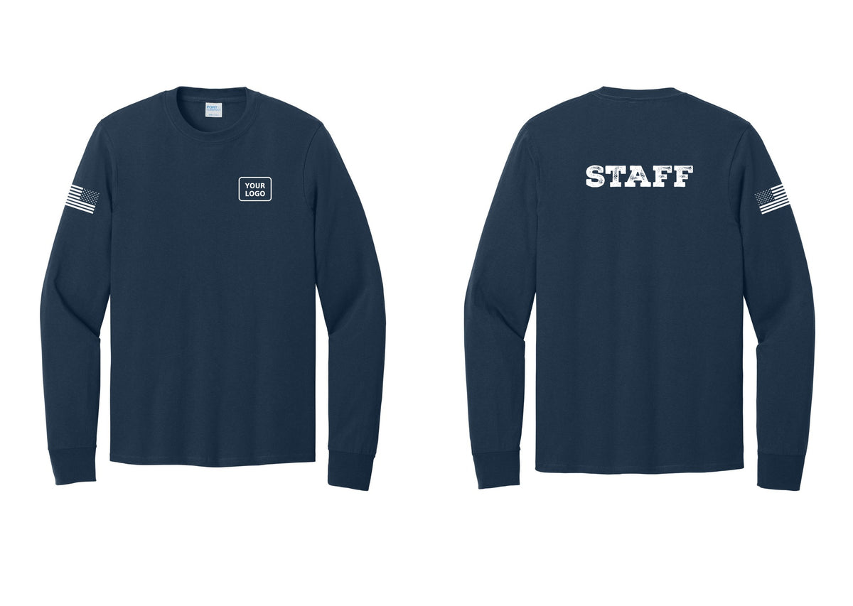 NYC Factory Custom Logo Staff Cotton Long Sleeve T-Shirt (Rustic) - Your Logo + Back + US Flag Sleeve - Navy