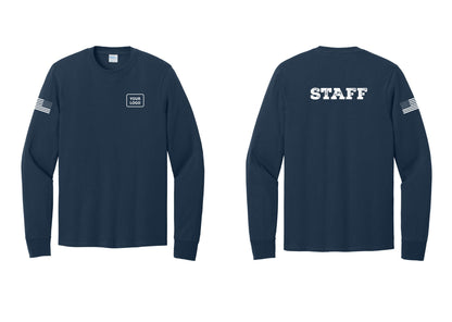 NYC Factory Custom Logo Staff Cotton Long Sleeve T-Shirt (Rustic) - Your Logo + Back + US Flag Sleeve - Navy