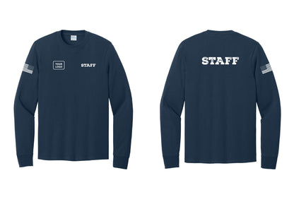 NYC Factory Custom Logo Staff Cotton Long Sleeve T-Shirt (Rustic) - STAFF + Your Logo + Back + US Flag Sleeve - Navy