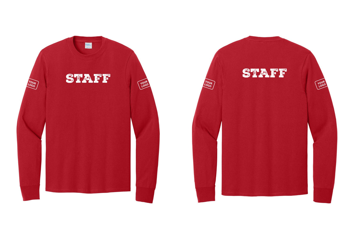 NYC Factory Custom Logo Staff Cotton Long Sleeve T-Shirt (Rustic) - Front + Back + Your Logo Sleeves - Red