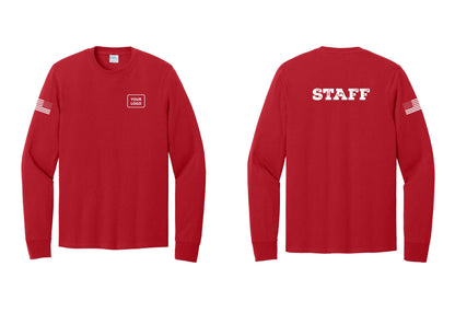 NYC Factory Custom Logo Staff Cotton Long Sleeve T-Shirt (Rustic) - Your Logo + Back + US Flag Sleeve - Red
