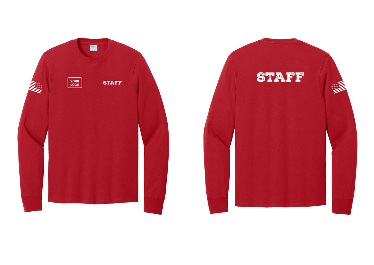 NYC Factory Custom Logo Staff Cotton Long Sleeve T-Shirt (Rustic) - STAFF + Your Logo + Back + US Flag Sleeve - Red
