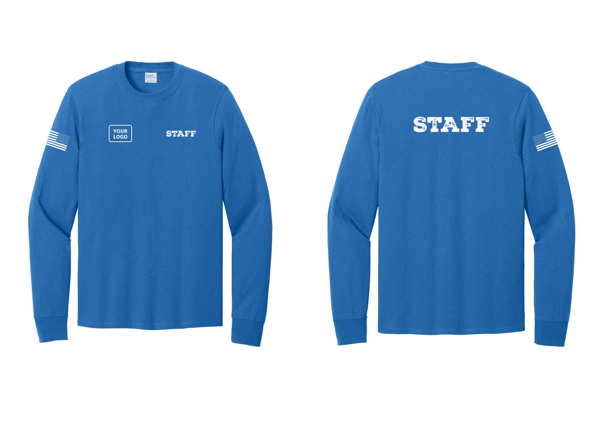 NYC Factory Custom Logo Staff Cotton Long Sleeve T-Shirt (Rustic) - STAFF + Your Logo + Back + US Flag Sleeve - Royal
