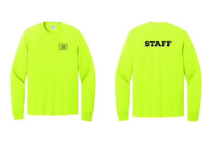 NYC Factory Custom Logo Staff Cotton Long Sleeve T-Shirt (Rustic) - Your Logo + Back - Safety Green
