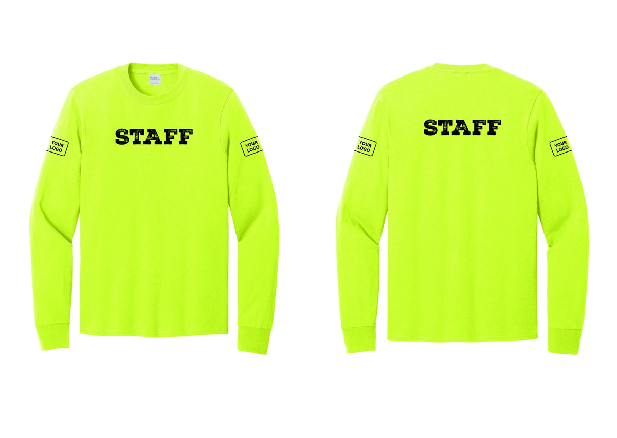 NYC Factory Custom Logo Staff Cotton Long Sleeve T-Shirt (Rustic) - Front + Back + Your Logo Sleeves - Safety Green
