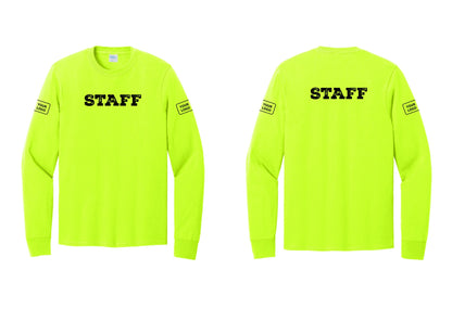 NYC Factory Custom Logo Staff Cotton Long Sleeve T-Shirt (Rustic) - Front + Back + Your Logo Sleeves - Safety Green