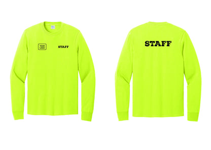 NYC Factory Custom Logo Staff Cotton Long Sleeve T-Shirt (Rustic) - STAFF + Your Logo + Back - Safety Green