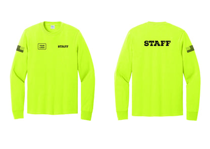 NYC Factory Custom Logo Staff Cotton Long Sleeve T-Shirt (Rustic) - STAFF + Your Logo + Back + US Flag Sleeve - Safety Green