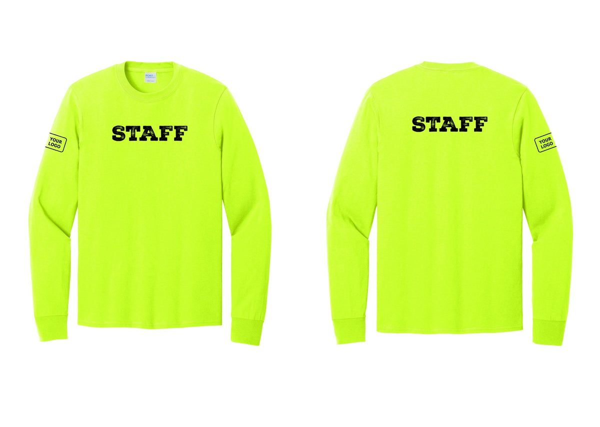 NYC Factory Custom Logo Staff Cotton Long Sleeve T-Shirt (Rustic) - Front + Back + Your Logo Sleeve - Safety Green