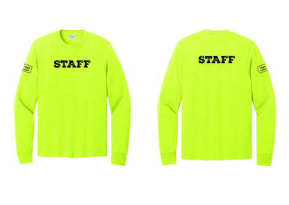 NYC Factory Custom Logo Staff Cotton Long Sleeve T-Shirt (Rustic) - Front + Back + Your Logo Sleeve - Safety Green