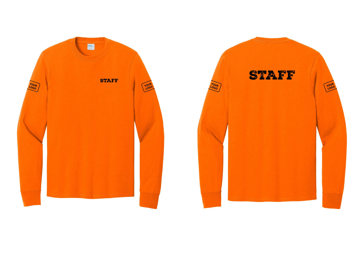 NYC Factory Custom Logo Staff Cotton Long Sleeve T-Shirt (Rustic) - Chest + Back + Your Logo Sleeves - Safety Orange