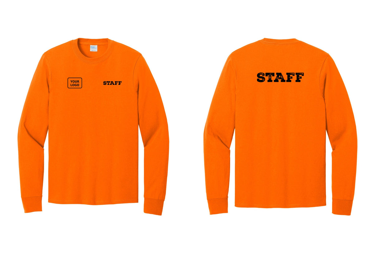 NYC Factory Custom Logo Staff Cotton Long Sleeve T-Shirt (Rustic) - STAFF + Your Logo + Back - Safety Orange