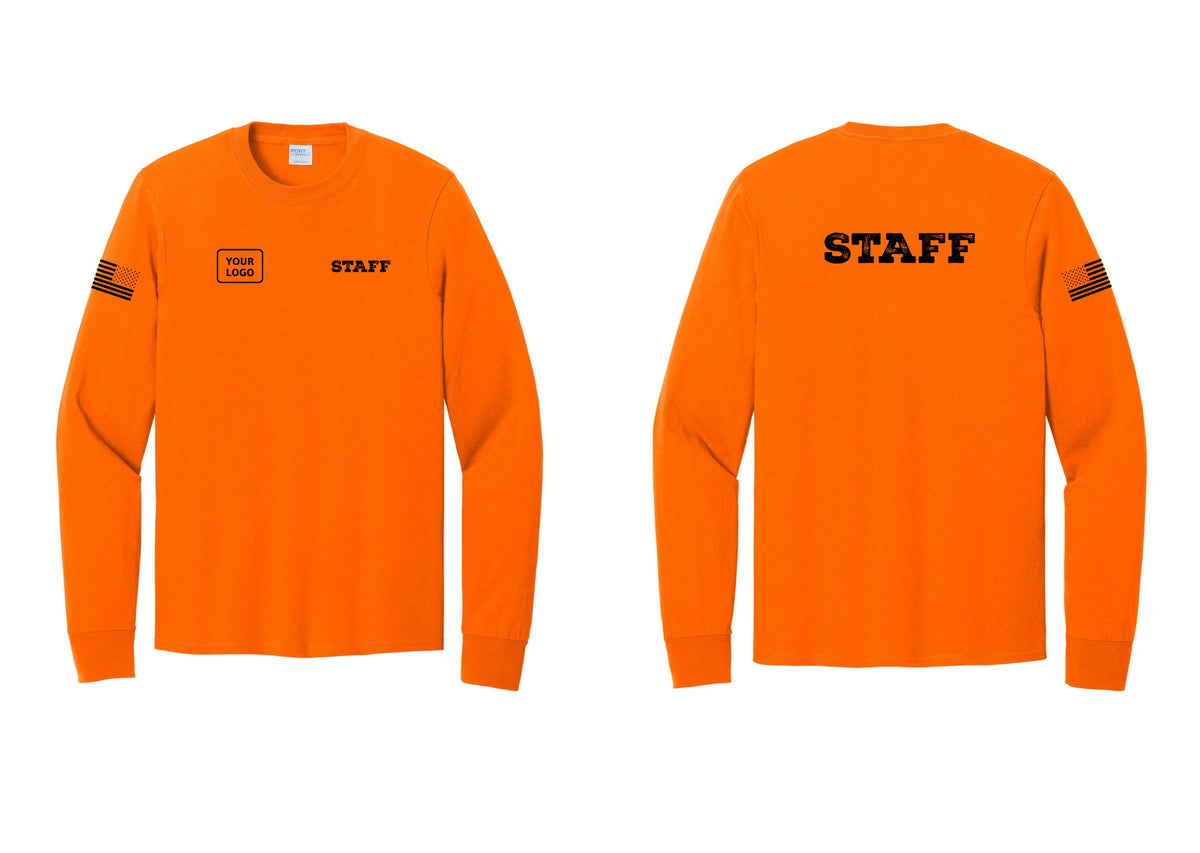 NYC Factory Custom Logo Staff Cotton Long Sleeve T-Shirt (Rustic) - STAFF + Your Logo + Back + US Flag Sleeve - Safety Orange