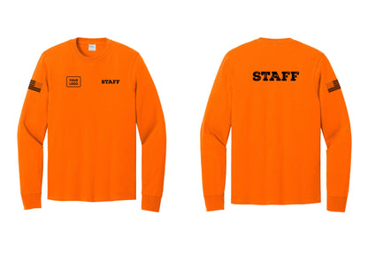NYC Factory Custom Logo Staff Cotton Long Sleeve T-Shirt (Rustic) - STAFF + Your Logo + Back + US Flag Sleeve - Safety Orange