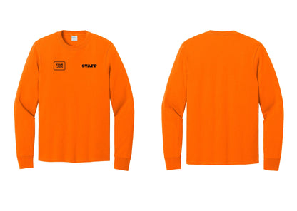 NYC Factory Custom Logo Staff Cotton Long Sleeve T-Shirt (Rustic) - STAFF + Your Logo - Safety Orange