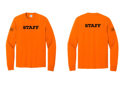 NYC Factory Custom Logo Staff Cotton Long Sleeve T-Shirt (Rustic) - Front + Back + Your Logo Sleeve - Safety Orange