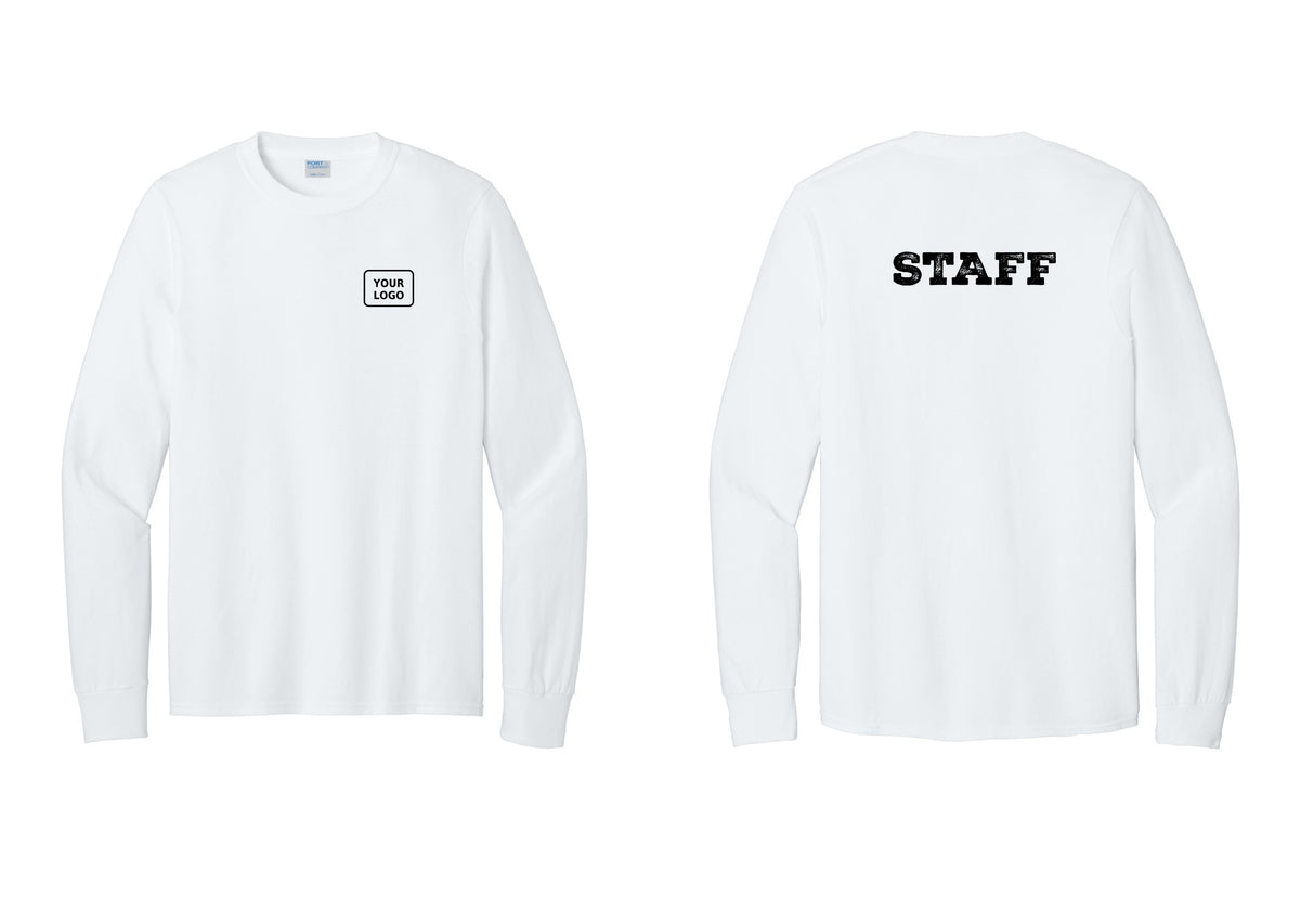 NYC Factory Custom Logo Staff Cotton Long Sleeve T-Shirt (Rustic) - Your Logo + Back - White