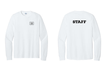 NYC Factory Custom Logo Staff Cotton Long Sleeve T-Shirt (Rustic) - Your Logo + Back - White