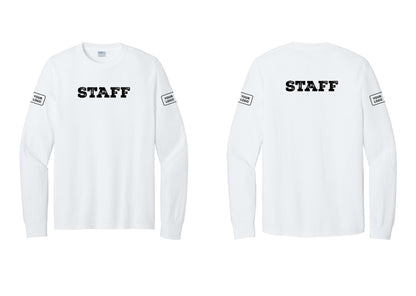 NYC Factory Custom Logo Staff Cotton Long Sleeve T-Shirt (Rustic) - Front + Back + Your Logo Sleeves - White