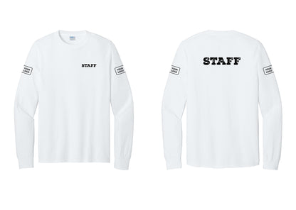 NYC Factory Custom Logo Staff Cotton Long Sleeve T-Shirt (Rustic) - Chest + Back + Your Logo Sleeves - White