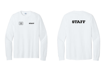 NYC Factory Custom Logo Staff Cotton Long Sleeve T-Shirt (Rustic) - STAFF + Your Logo + Back - White