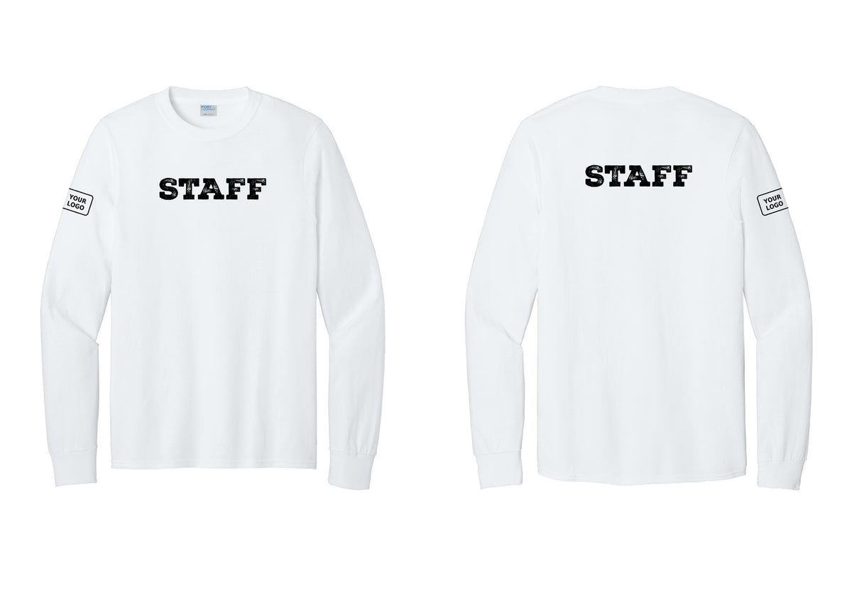 NYC Factory Custom Logo Staff Cotton Long Sleeve T-Shirt (Rustic) - Front + Back + Your Logo Sleeve - White