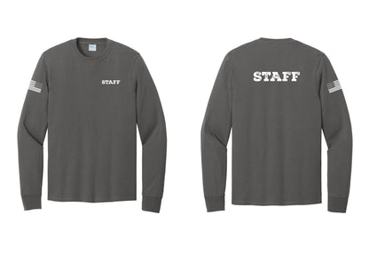 NYC Factory Staff Cotton Long Sleeve T-Shirt (Rustic) - Chest + Back + US Flag Sleeve - Charcoal