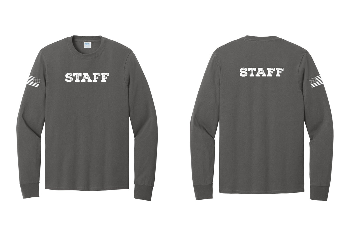 NYC Factory Staff Cotton Long Sleeve T-Shirt (Rustic) - Front + Back + US Flag Sleeve - Charcoal