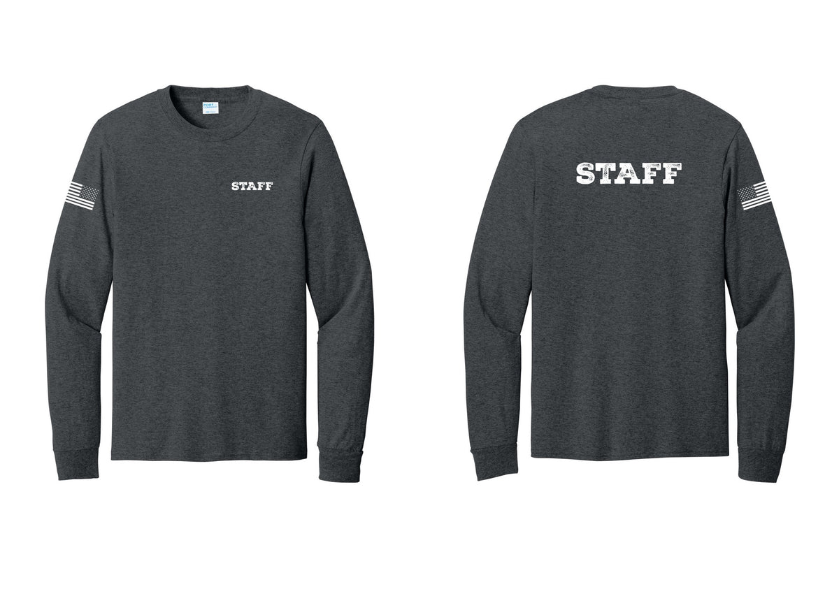 NYC Factory Staff Cotton Long Sleeve T-Shirt (Rustic) - Chest + Back + US Flag Sleeve - Dark Heather Grey