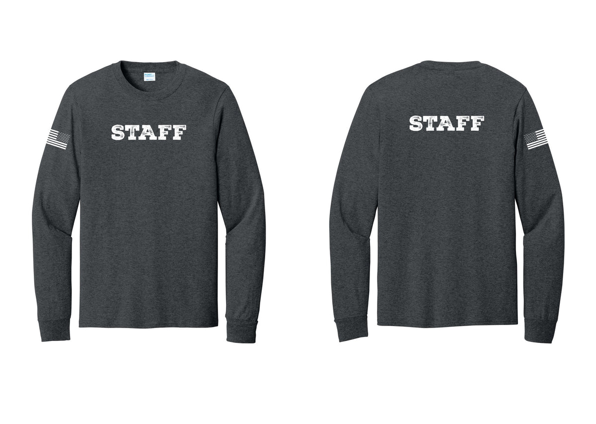 NYC Factory Staff Cotton Long Sleeve T-Shirt (Rustic) - Front + Back + US Flag Sleeve - Dark Heather Grey