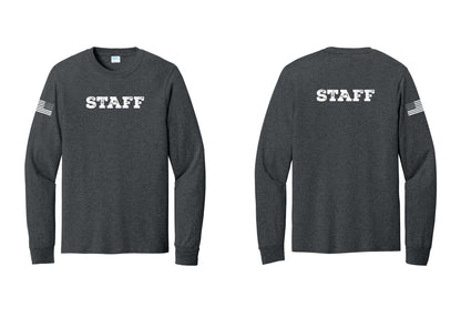 NYC Factory Staff Cotton Long Sleeve T-Shirt (Rustic) - Front + Back + US Flag Sleeve - Dark Heather Grey