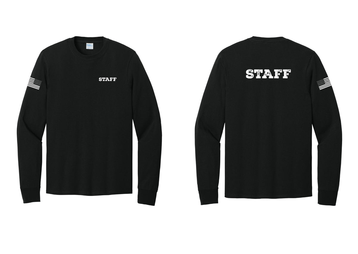 NYC Factory Staff Cotton Long Sleeve T-Shirt (Rustic) - Chest + Back + US Flag Sleeve - Black