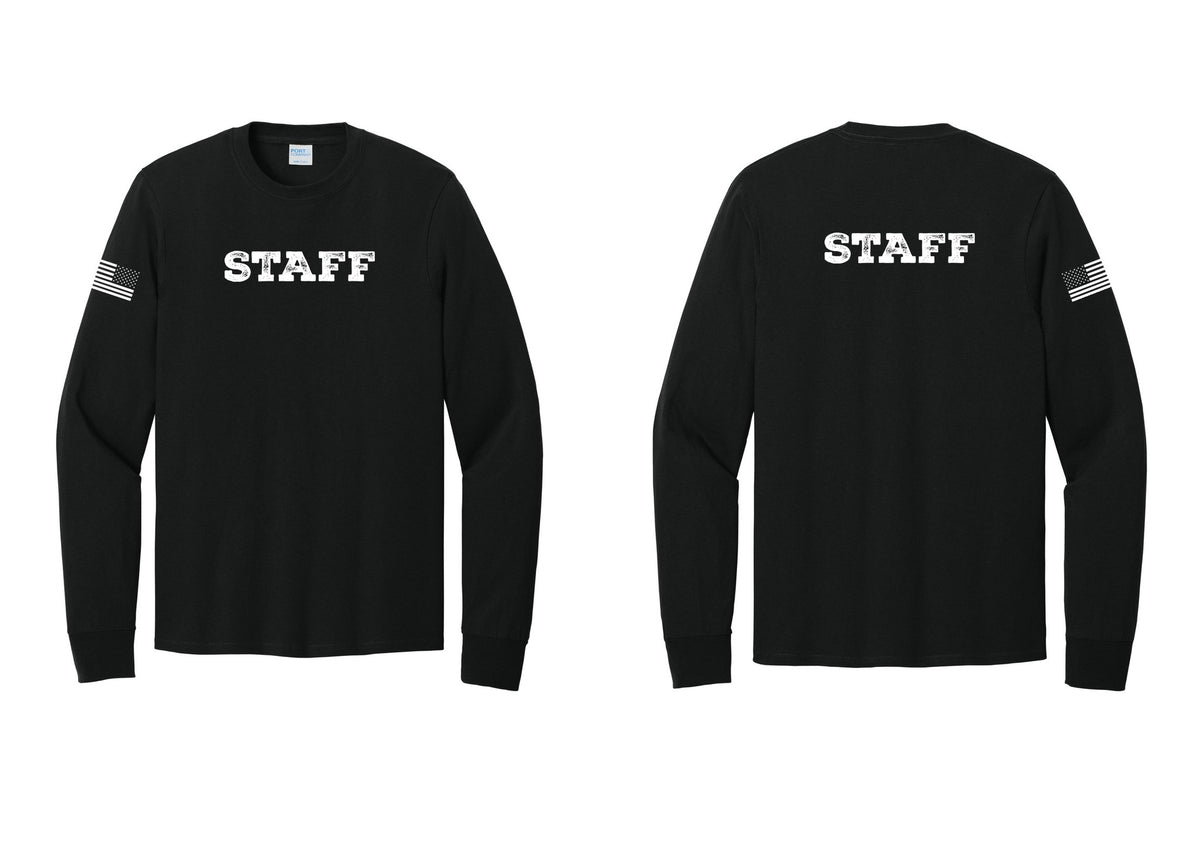 NYC Factory Staff Cotton Long Sleeve T-Shirt (Rustic) - Front + Back + US Flag Sleeve - Black