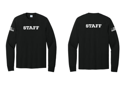 NYC Factory Staff Cotton Long Sleeve T-Shirt (Rustic) - Front + Back + US Flag Sleeve - Black
