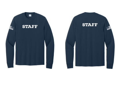 NYC Factory Staff Cotton Long Sleeve T-Shirt (Rustic) - Front + Back + US Flag Sleeve - Navy