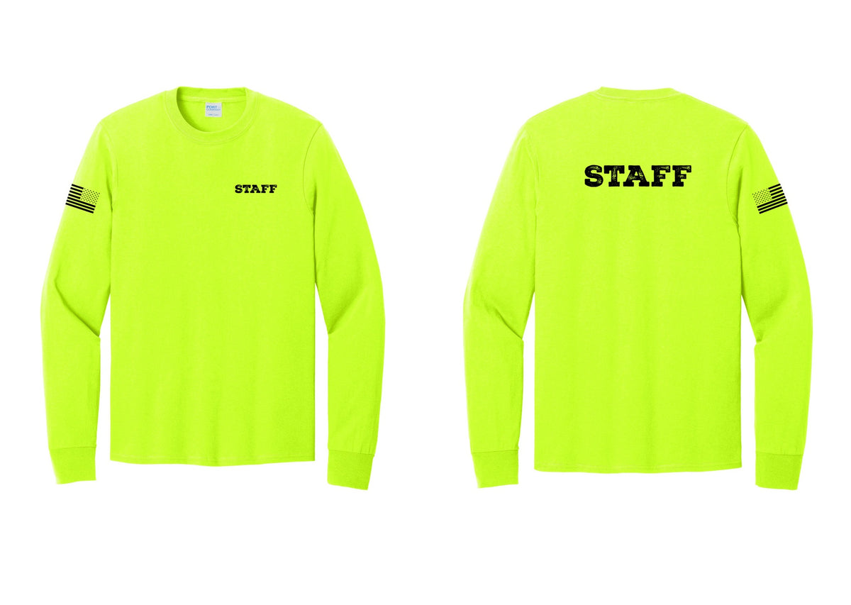 NYC Factory Staff Cotton Long Sleeve T-Shirt (Rustic) - Chest + Back + US Flag Sleeve - Safety Green
