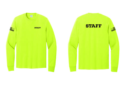 NYC Factory Staff Cotton Long Sleeve T-Shirt (Rustic) - Chest + Back + US Flag Sleeve - Safety Green