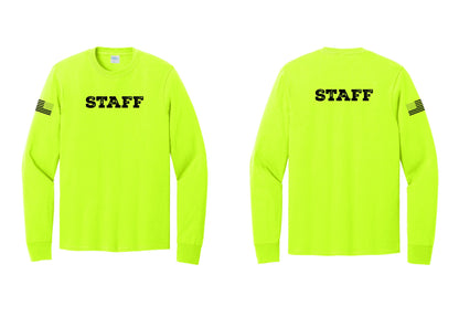 NYC Factory Staff Cotton Long Sleeve T-Shirt (Rustic) - Front + Back + US Flag Sleeve - Safety Green
