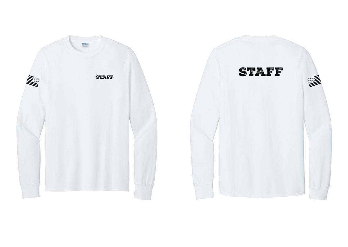 NYC Factory Staff Cotton Long Sleeve T-Shirt (Rustic) - Chest + Back + US Flag Sleeve - White