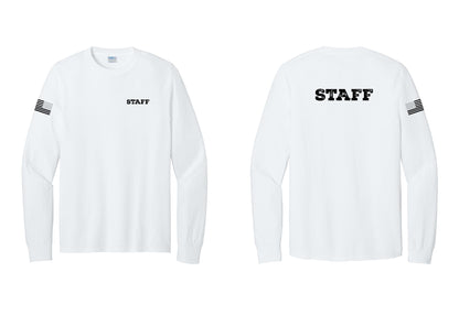 NYC Factory Staff Cotton Long Sleeve T-Shirt (Rustic) - Chest + Back + US Flag Sleeve - White