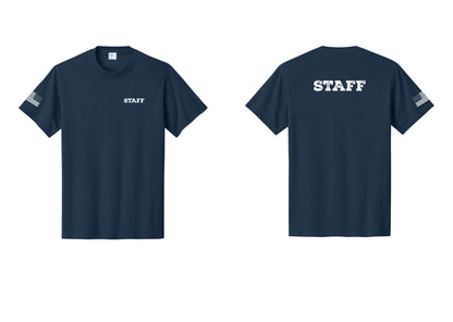 NYC Factory Staff T-Shirt, Rustic Lettering - Chest + Back + US Flag Sleeve - Navy