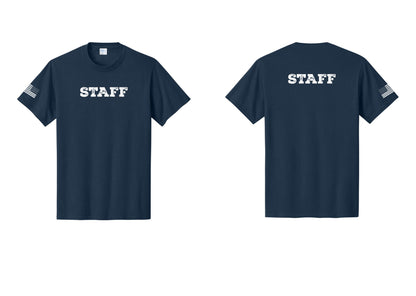 NYC Factory Staff T-Shirt, Rustic Lettering - Front + Back + US Flag Sleeve - Navy