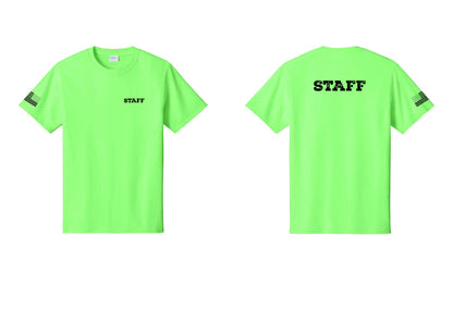 NYC Factory Staff T-Shirt, Rustic Lettering - Chest + Back + US Flag Sleeve - Neon Green