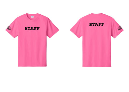 NYC Factory Staff T-Shirt, Rustic Lettering - Front + Back + US Flag Sleeve - Neon Pink