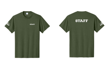 NYC Factory Staff T-Shirt, Rustic Lettering - Chest + Back + US Flag Sleeve - Olive