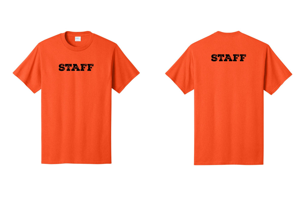 NYC Factory Staff T-Shirt, Rustic Lettering - Front + Back - Orange
