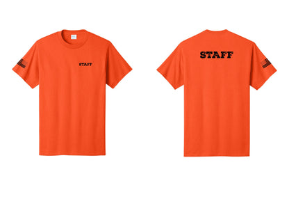 NYC Factory Staff T-Shirt, Rustic Lettering - Chest + Back + US Flag Sleeve - Orange