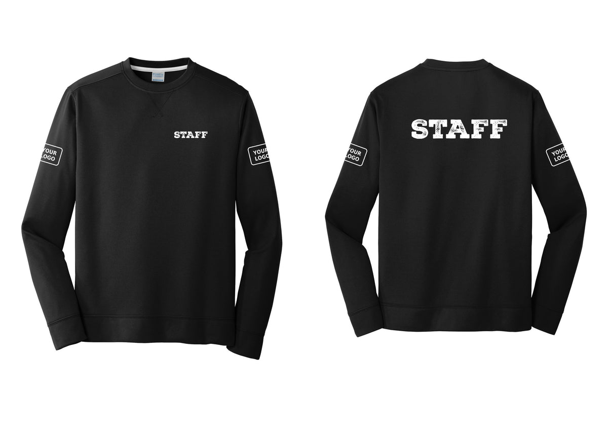 NYC Factory Custom Logo Staff Performance Fleece Crewneck Sweatshirt (Rustic) - Chest + Back + Your Logo Sleeves - Black
